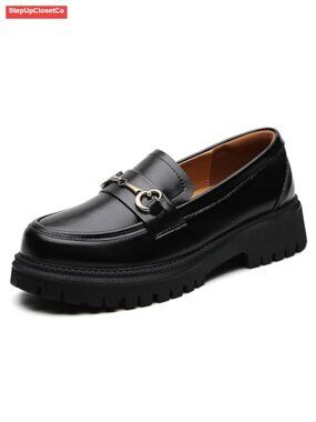 Women Platform Loafers Chunky Heel Slip On Comfort Office Shoes Metal Chain